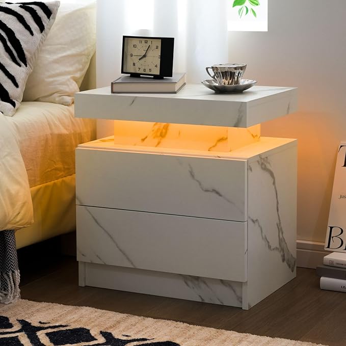 White Nightstand LED Bedside Table for Bedroom Modern Night Stand with 2 Wood Drawers