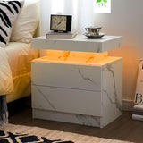 White Nightstand LED Bedside Table for Bedroom Modern Night Stand with 2 Wood Drawers