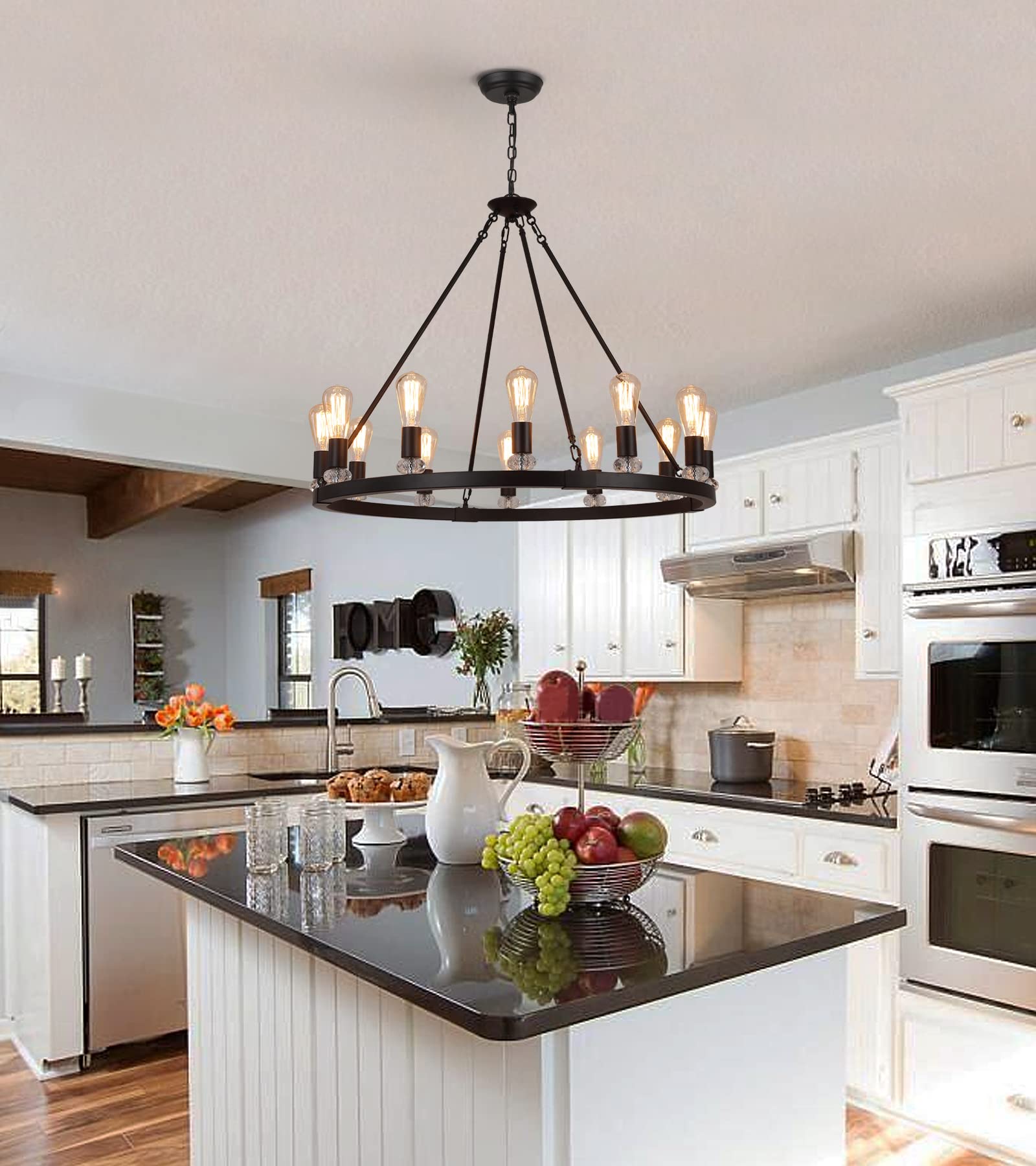 Black Wagon Wheel Chandeliers 12-Lights Large Modern Farmhouse Chandelier Light