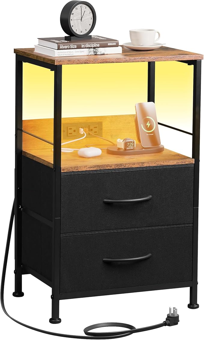 Night Stand with Charger Station, Black Nightstand with 2 Fabric Drawers and Storage