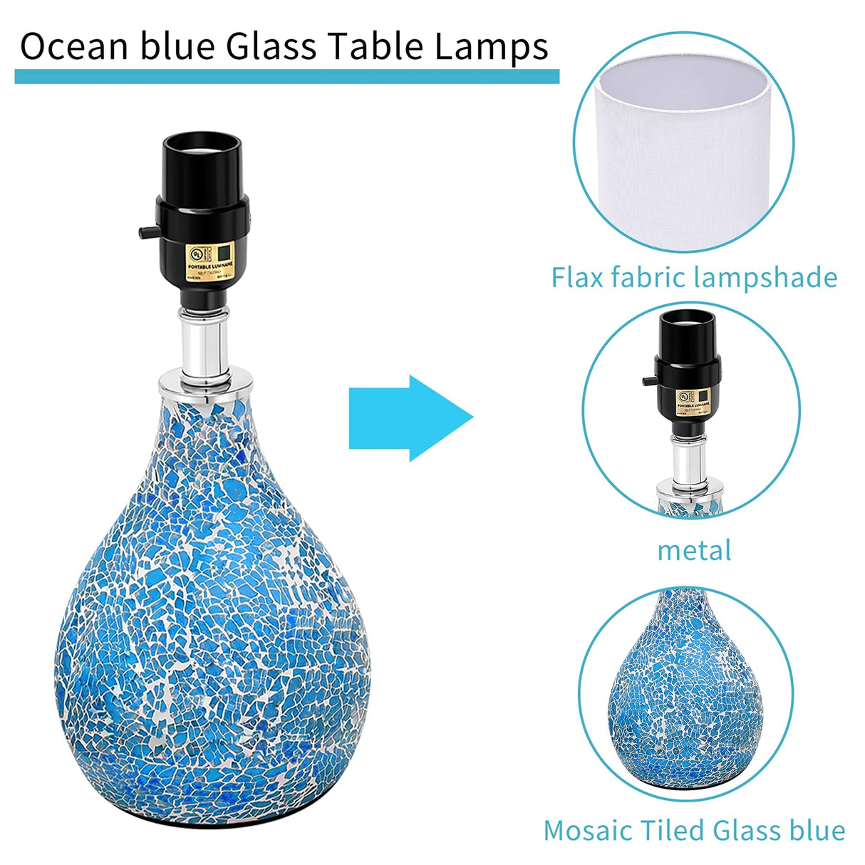 Modern Table Lamps Set of 2, Blue Gourd Design Mosaic Tiled Glass 17.5" Bedside Lamp,