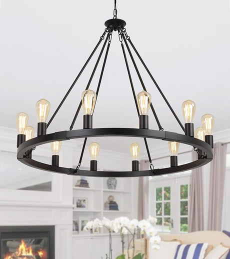 Farmhouse 8-Lights Black Industrial Wagon Wheel Chandelier Light Fixture for Foyer