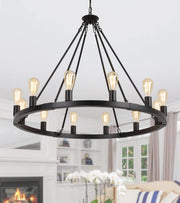 Large Farmhouse Wagon Wheel Chandelier,Black Industrial Round 12 Lights Dining Room