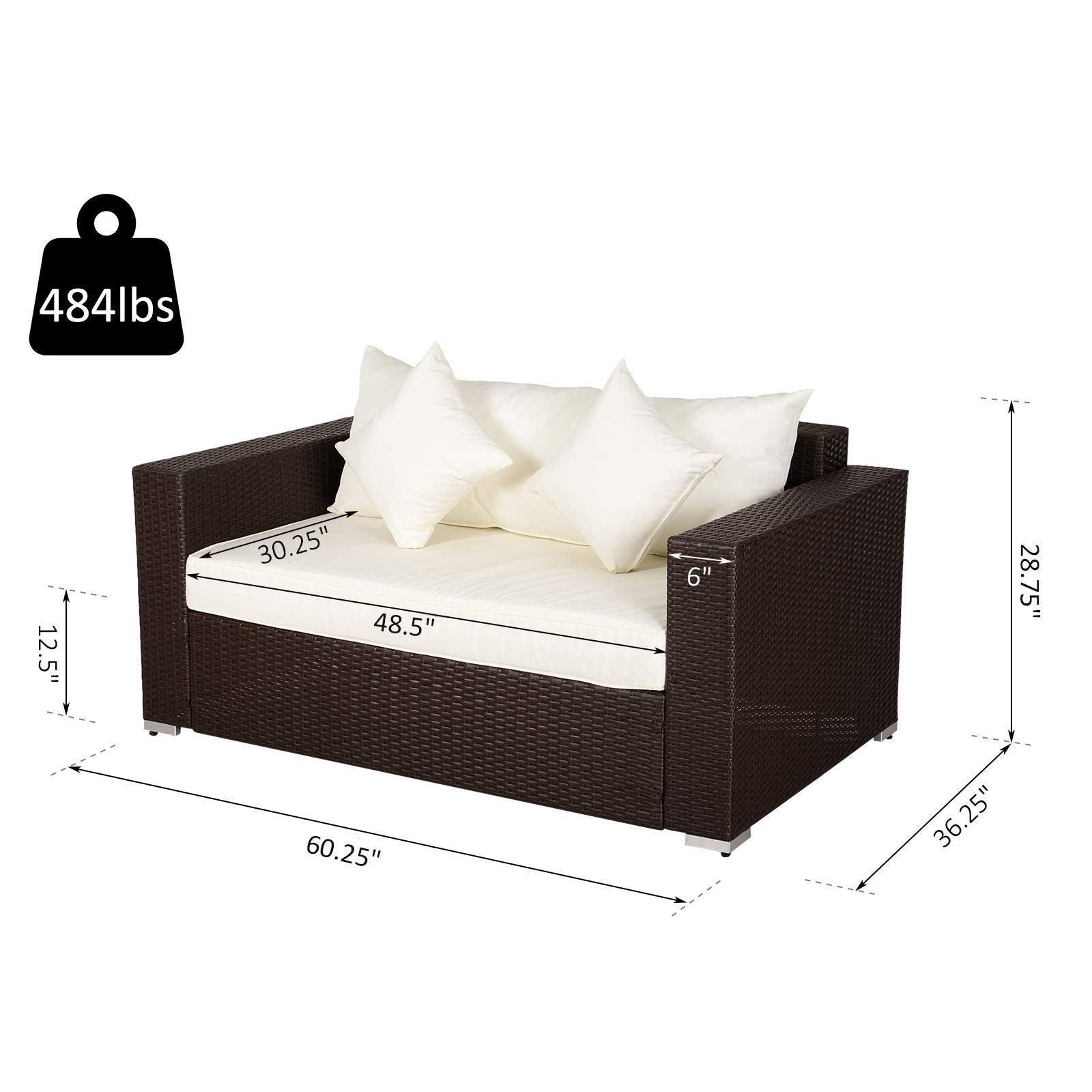 Outdoor Sofa, PE Rattan Wicker Loveseat, Outdoor Couch with 2 Throw Pillows