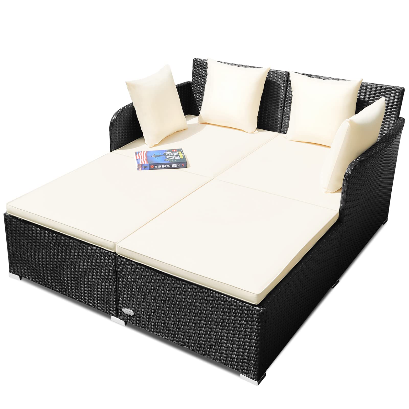 Outdoor Rattan Daybed, Patio Loveseat Sofa Set w/Comfortable Cushions
