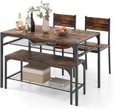 4 Pieces Dining Table Set, Kitchen Table and 2 Chairs for 4 with Bench, Storage Racks,