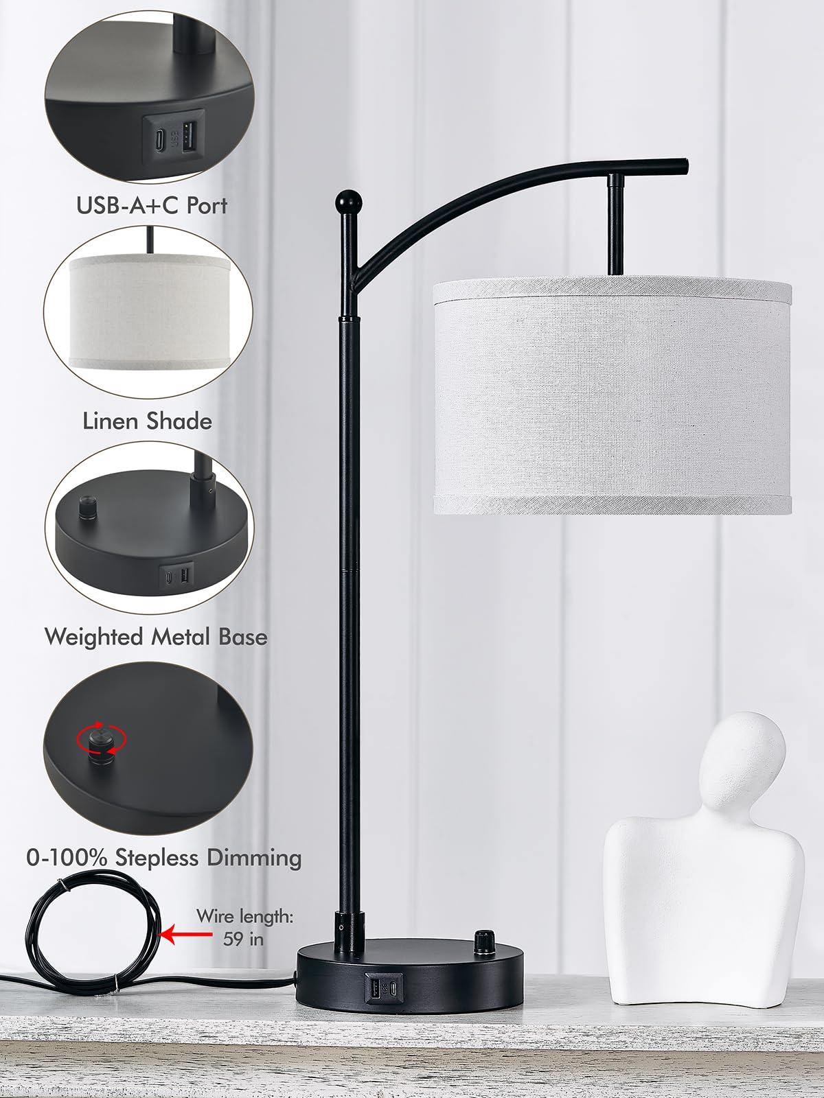 23.5" Table Lamps Set of 2 with USB C+A Ports and Dimmable LED Bulbs