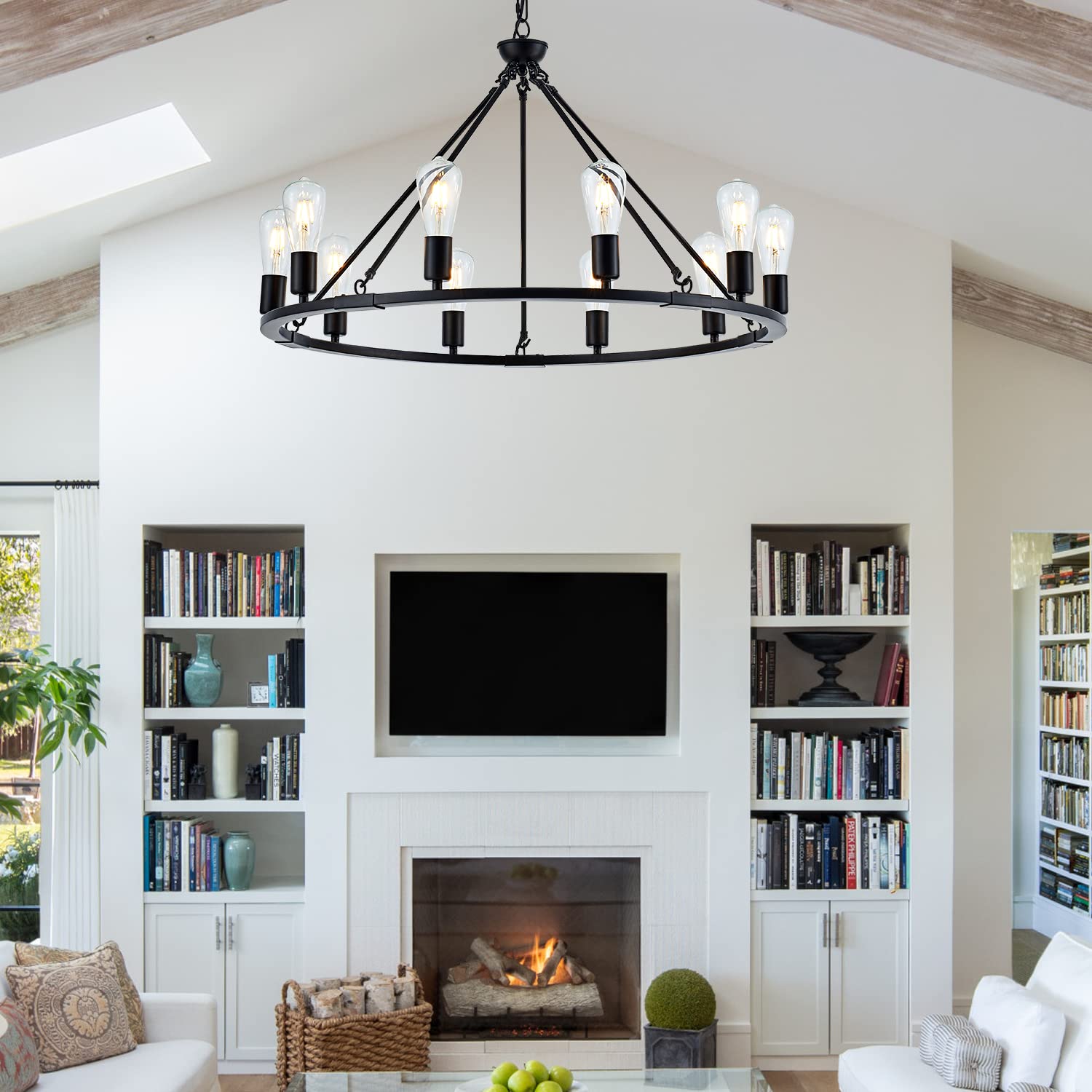 Black Farmhouse Wagon Wheel Chandelier 10-Light 31.5'' Vintage Industrial Round