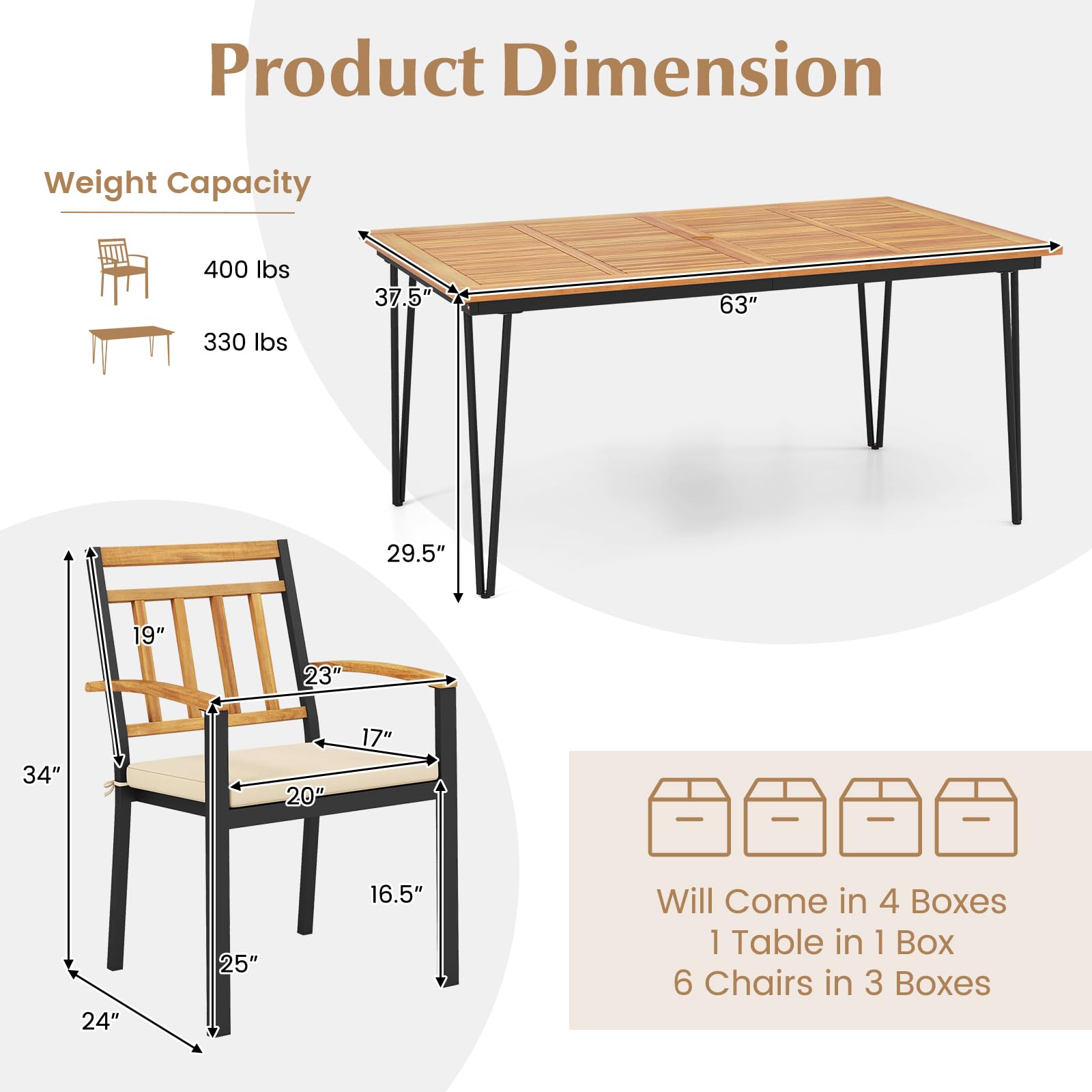 7 Pieces Patio Dining Set with Acacia Wood Dining Table & Armchairs, Soft Cushions, 2”