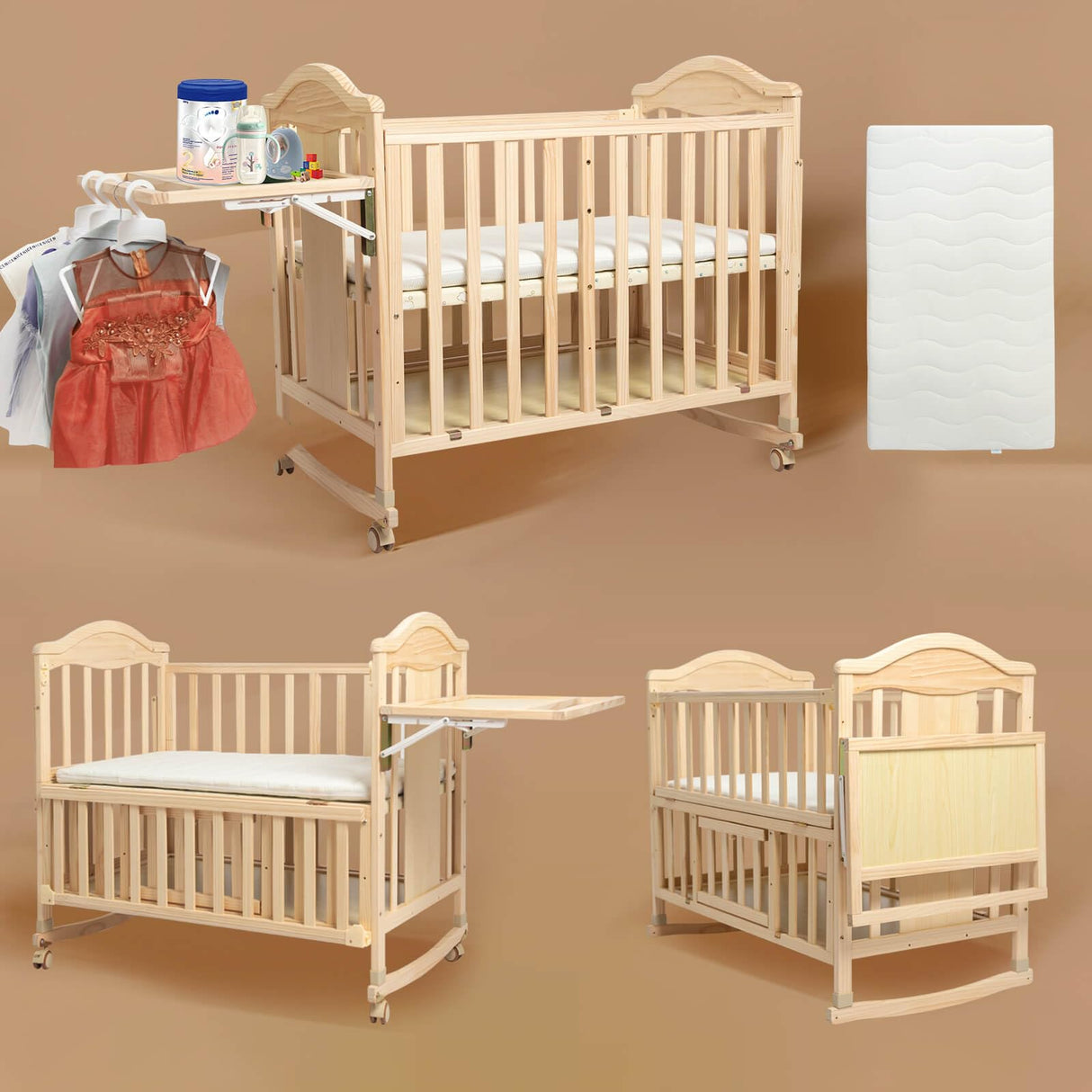 Baby Cribs 4-in-1 Convertible - Cunas para Bebes with Changing Shelf and Mattress Included,2024 Wood Baby Bassinets Bedside Crib Sleeper,Unpainted