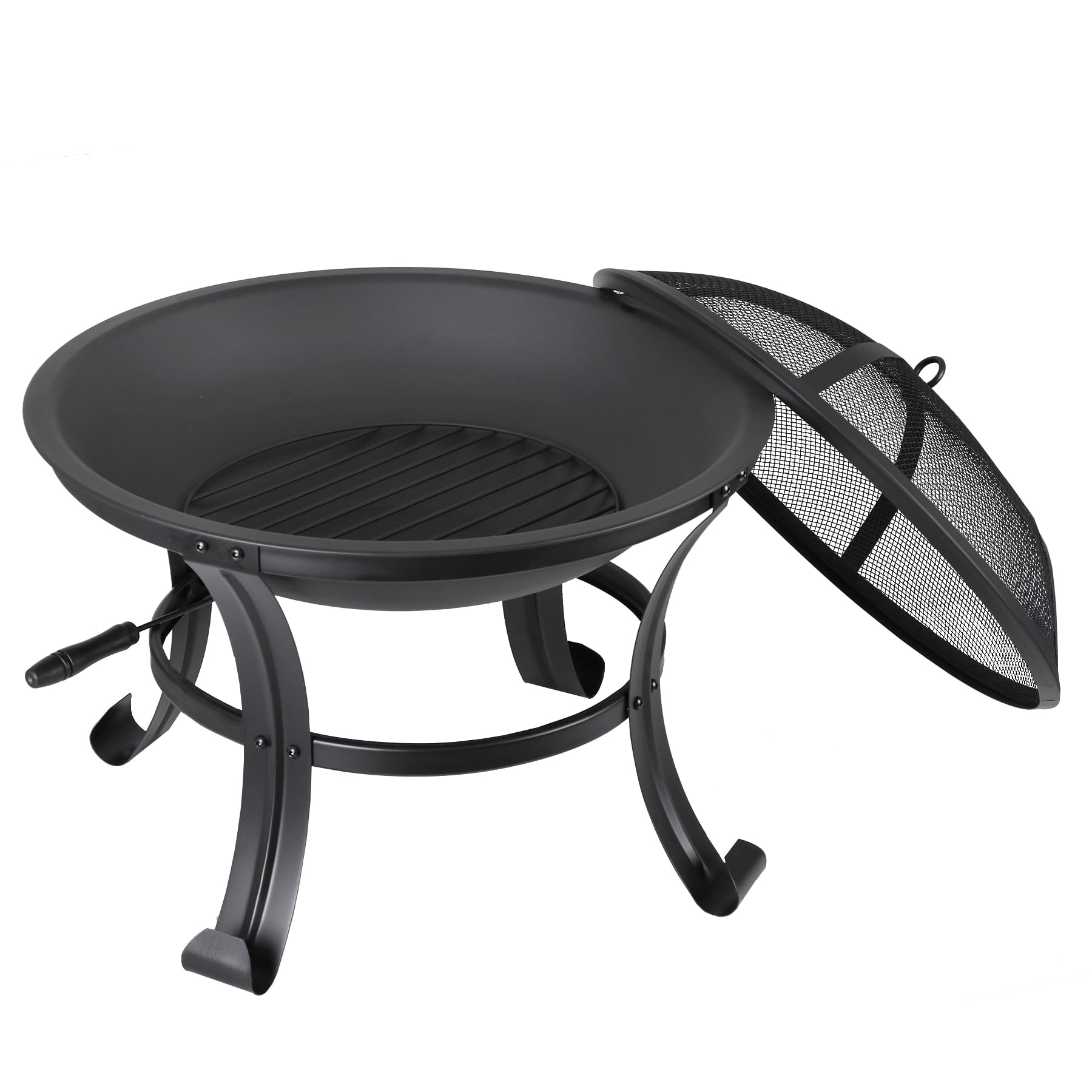 22Inches Fire Pit Outdoor Steel Wood Burning BBQ Grill Firepit Bowl Fireplace with Mesh Screen & Fire Poker, Log Grate - Bircata