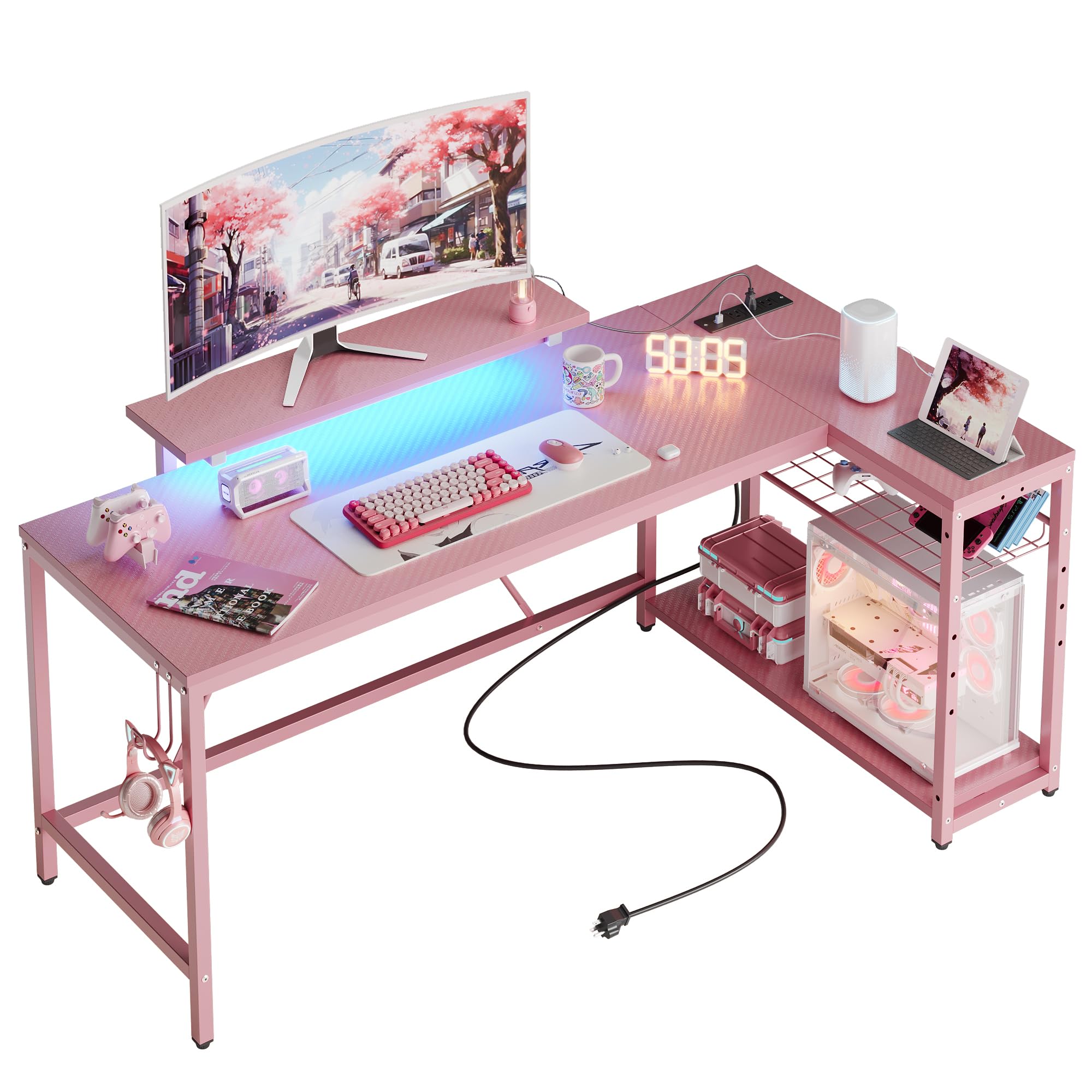 L Shaped Gaming Desk with Power Outlets,58 LED Small Corner Desk with Reversible Storage Shelves