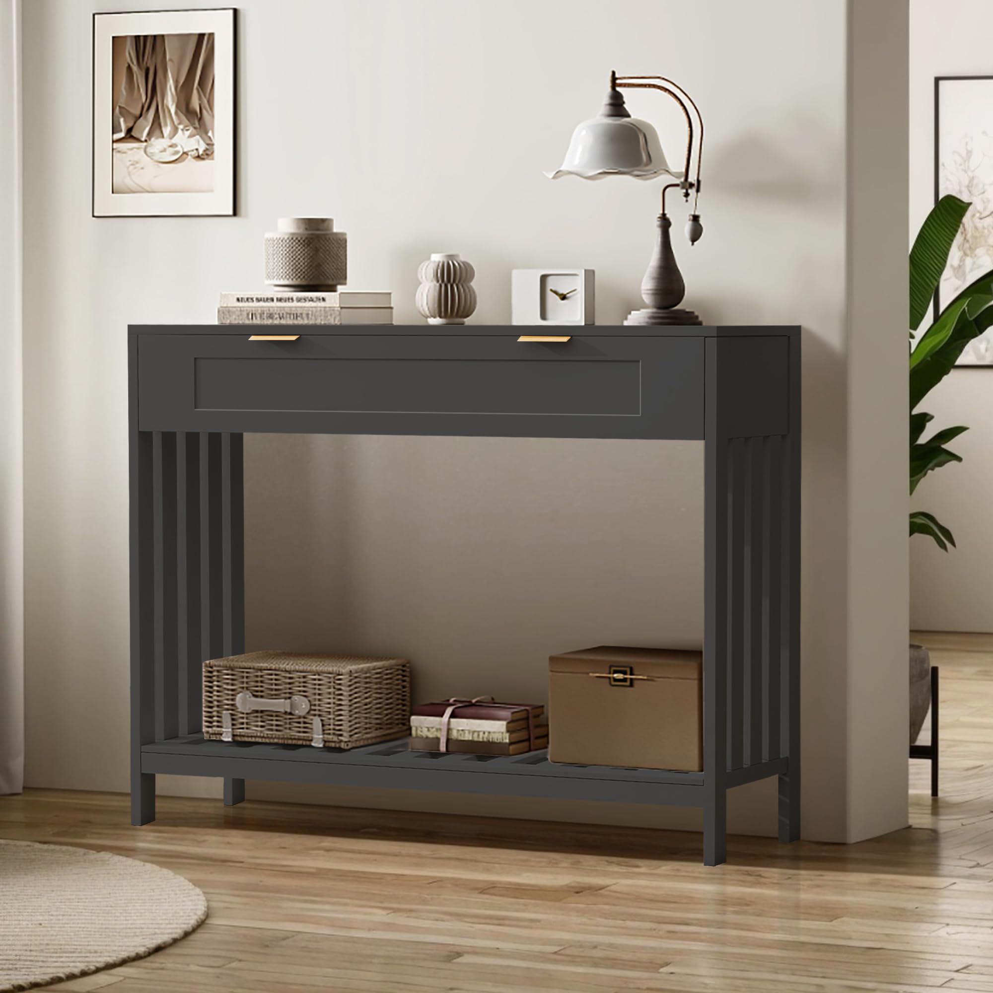 Console Table with Drawers - Narrow Entryway Table with Storage Shelf