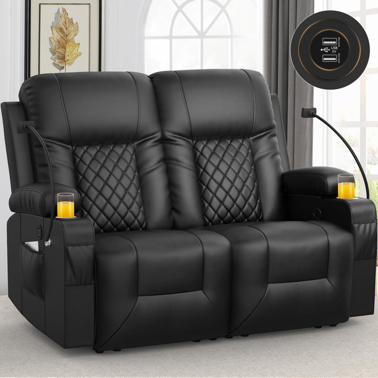 Loveseat Recliner Sofa, 2 Seater Reclining Loveseat Sofa, PU Leather Recliner Loveseat Couch, Modern Recliner Chair for Living Room, with Cup Holder and 2 Cell Phone Holder, USB Ports, Black