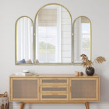 Trifold Vanity Mirror 3-Way Adjustable 30x37 Inch - Champagne Gold Arch Wall Mounted