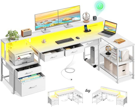 L Shaped Desk with 5 File Drawers, 66" Reversible L Shaped Computer Desk