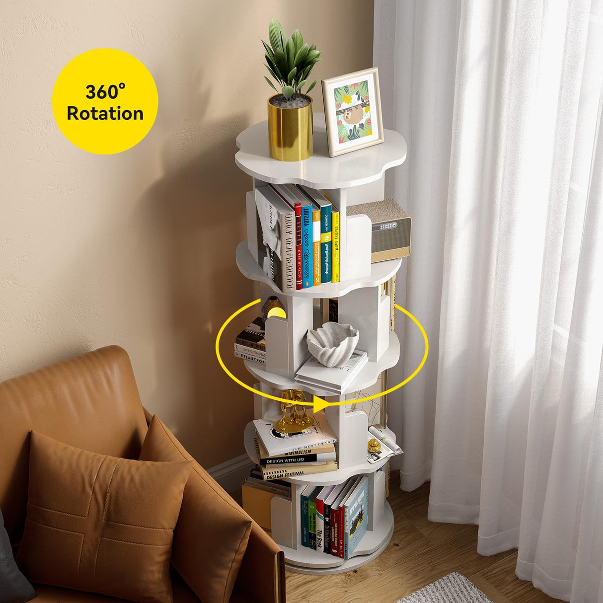 Rotating Bookshelf, Cloud Shape Board, 360° Rotating Bookcase for Small Space, Corner Bookcase for Bedroom, Living Room, Study Room, 4 Tier, White