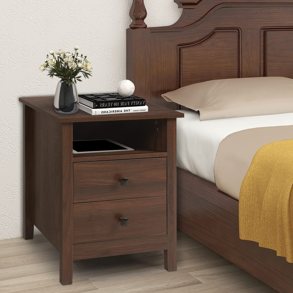 2-Drawer Nightstands, Set of 2, Farmhouse Style Bedroom Furniture with Wooden Night Stand