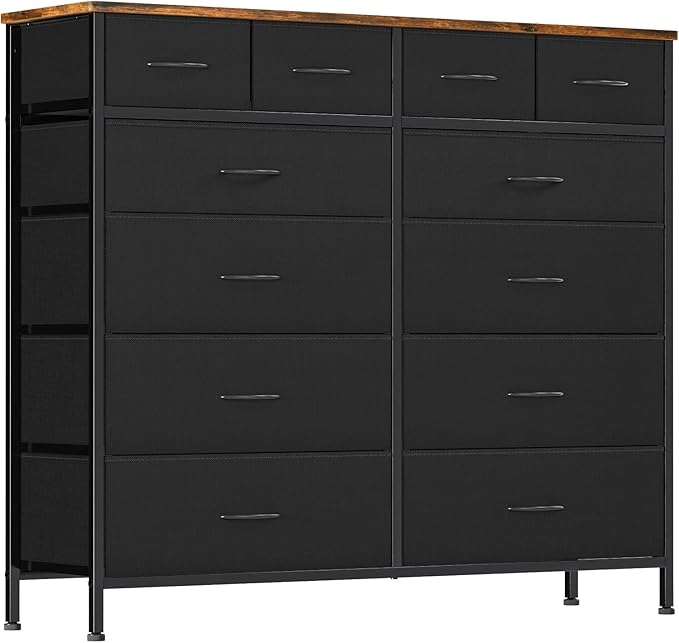 Compact 12 Drawers Dresser for Bedroom, Fabric Storage Tower, Chest of Drawers with Retro Wood Top for Closet, Nursery, Living Room