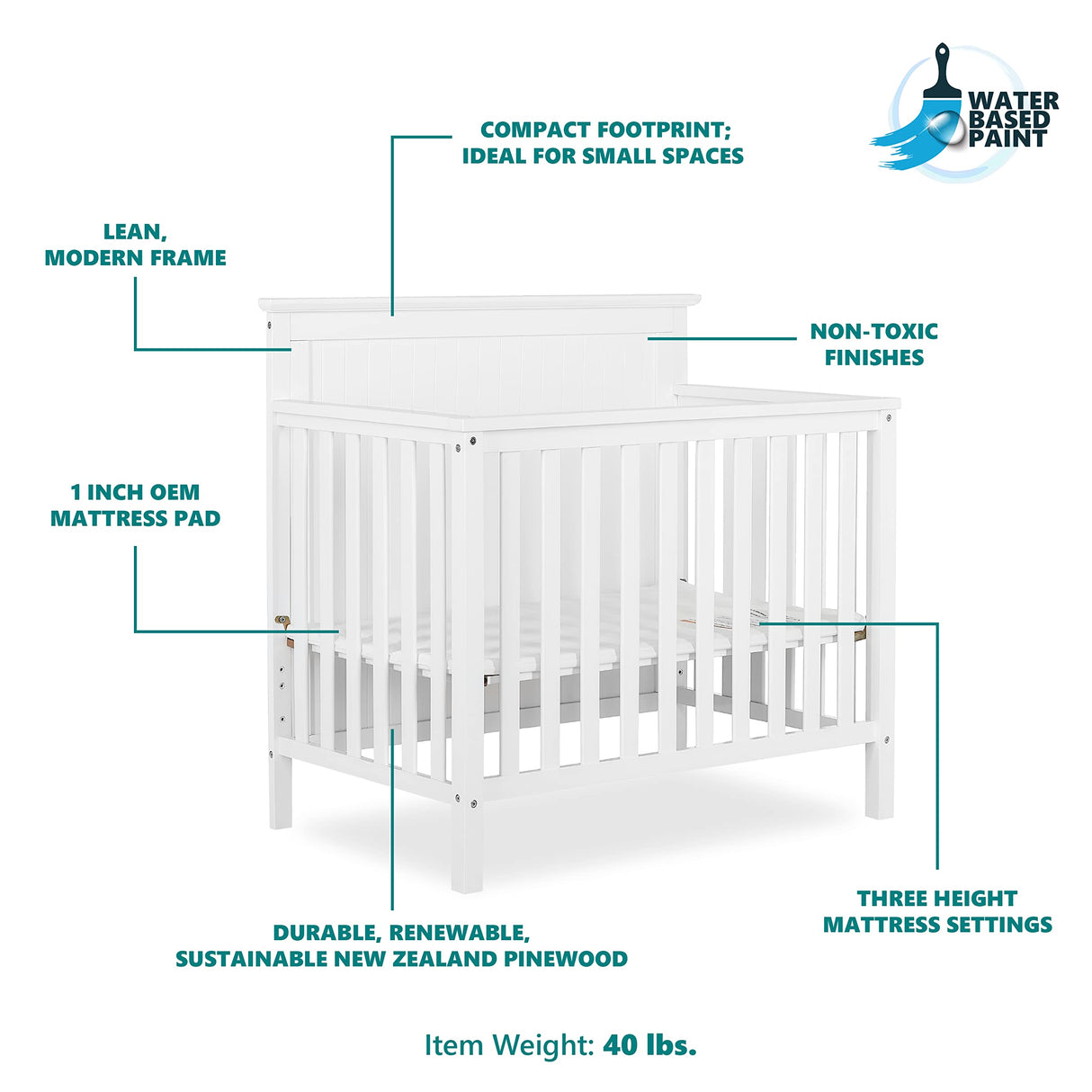 Ava 4-in-1 Convertible Mini Crib in White, Greenguard Gold Certified, Non-Toxic Finish,