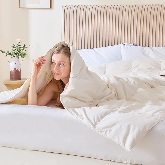 Cotton Feather Comforter, Bedding Duvet Insert Full/Queen Size, 100% Pure Natural Cotton Cover Breathable Fluffy Feather Comforter with Corner Ties (Beige, 88"x90")