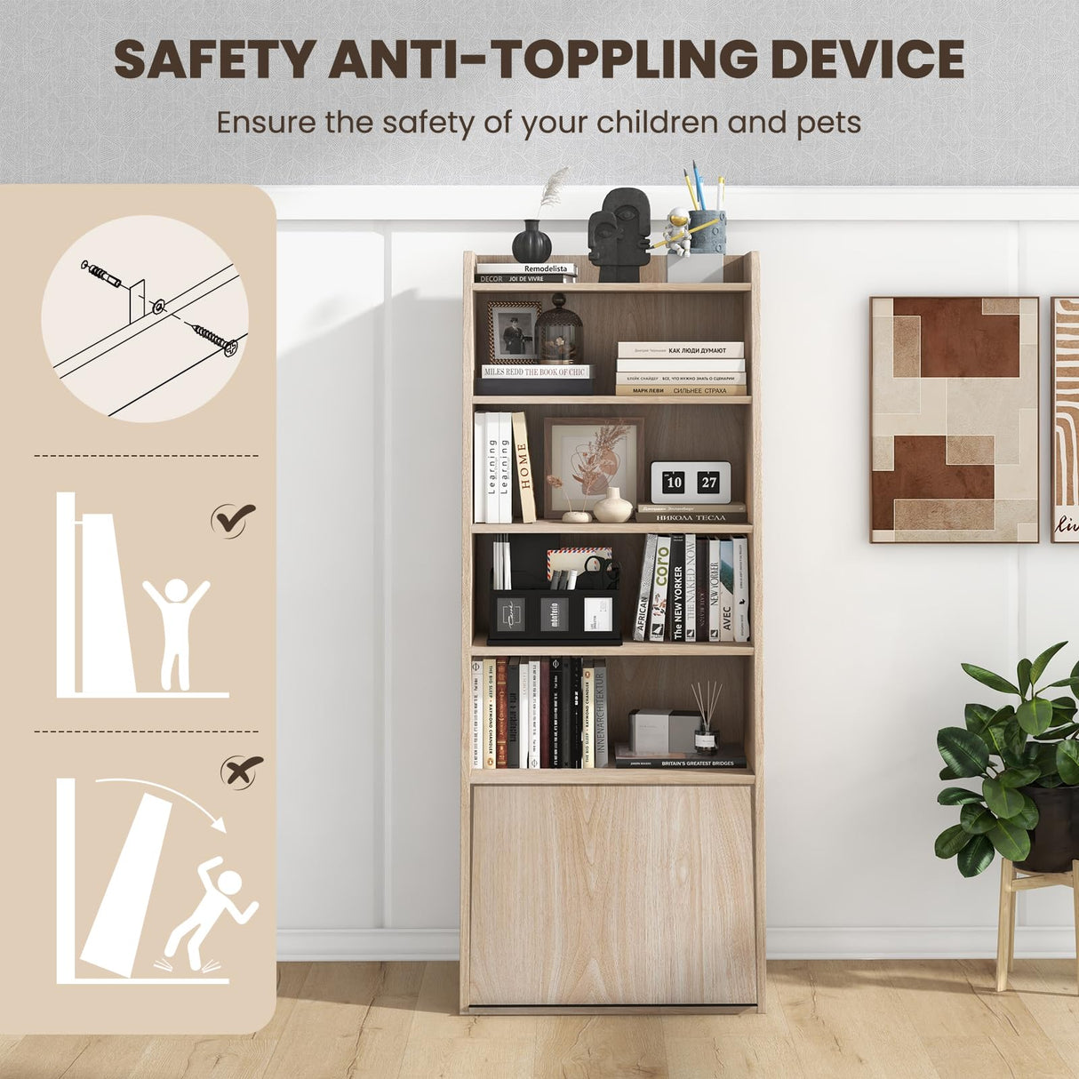 Tier Bookcase, Modern Bookshelf w/ 2 Adjustable Shelves & Flip-up Door, Wood Storage