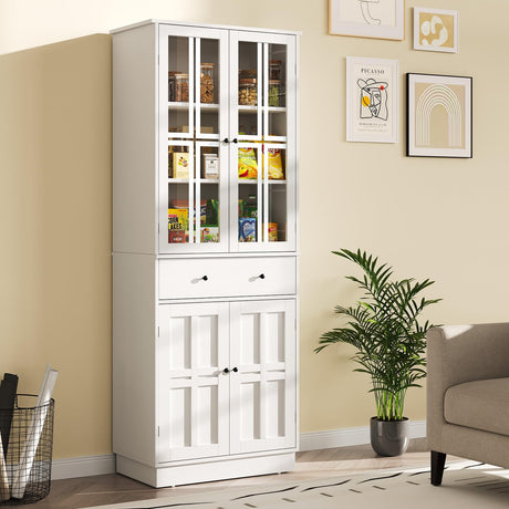 Kitchen Pantry Storage Cabinet, Tall Pantry Cabinet with Glass Doors and Large Drawer