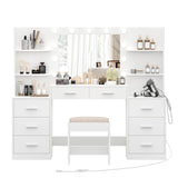 Desk Set with Mirror & Lights, Makeup Vanity with Stool and Charging Station, Makeup Desk with Drawers & Open Storage Shelves, Bedroom Vanity Table Set, White WDT006WD