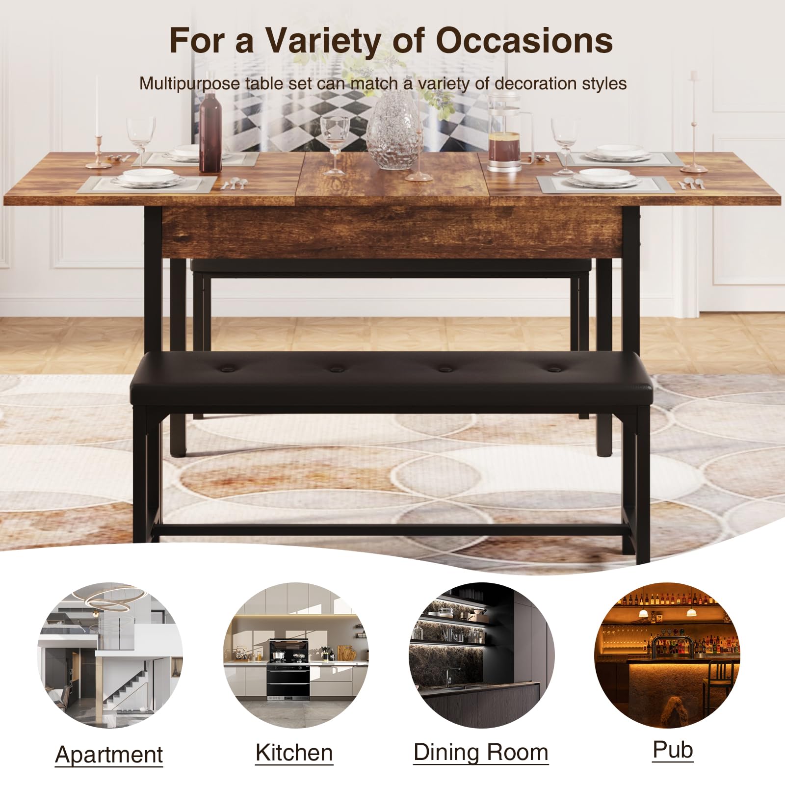 Halitaa 3-Piece Dining Table Set for 4-8, Kitchen Table Set with Metal Frame & Wooden Board，63" Extendable Dining Room Table Set with Drawer and 2 Upholstered Benches (Rustic Brown)