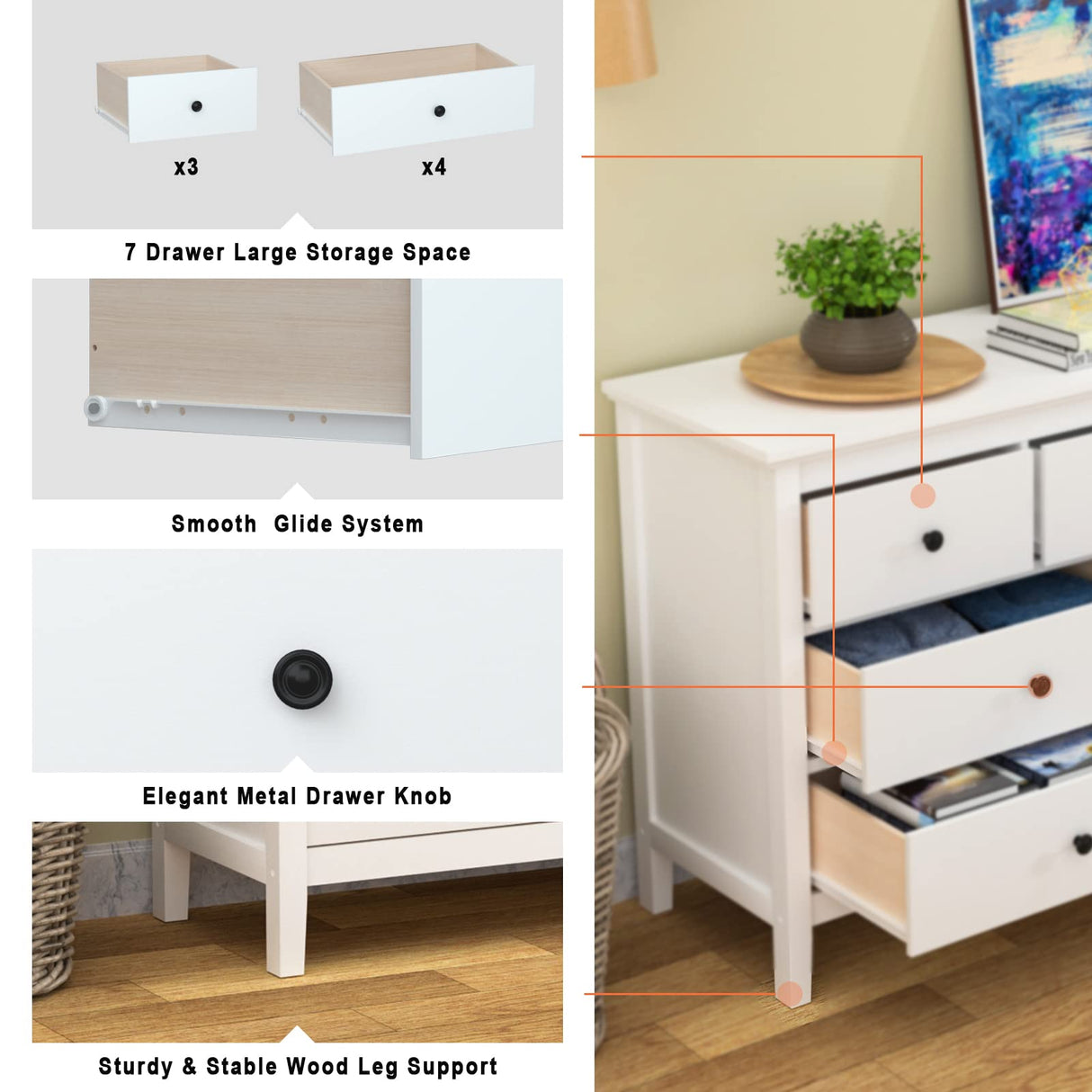 CARPETNAL White dresser, Modern Dresser for Bedroom, 7 Drawer Double Dresser with Wide Drawer and Metal Handles, Wood Dressers & Chests of Drawers for Hallway, Entryway.