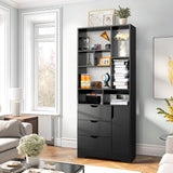 Stylish Black Bookshelf, 71" Tall Bookshelf with Doors and 3 Drawers, Wood Bookshelf