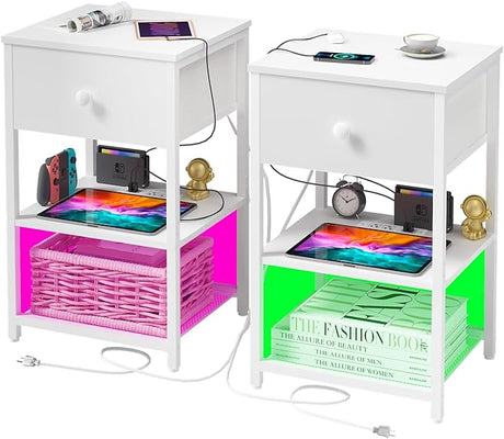 Nightstands Set of 2 with Charging Station, Bedside Tables with Fabric-Wood 2-in-1 Drawer