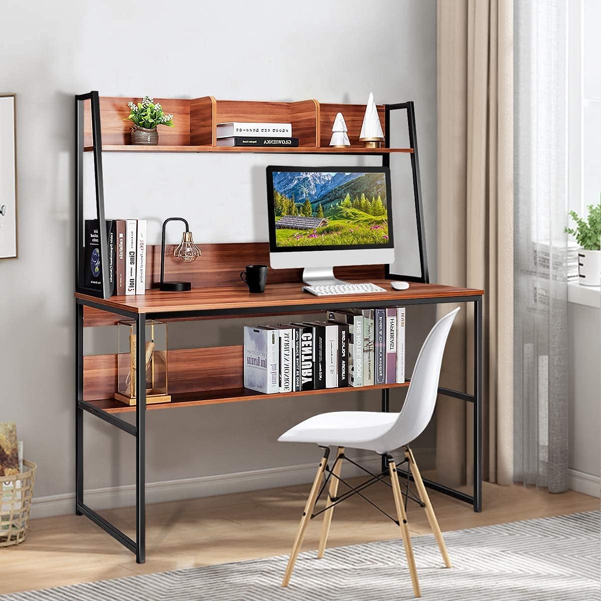 Computer Desk with Hutch & Bookshelf, 47" PC Laptop Table Workstation w/ 3 Storage Cubes & Open