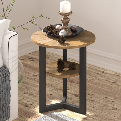 Round End Table with Storage, Solid Wood Sofa Side Table with Metal Frame