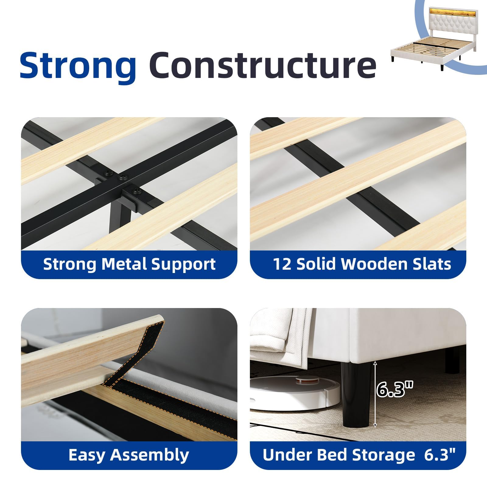 King Size Bed Frame with LED Lights and Storage Headboard