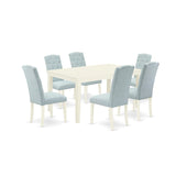 East West Furniture CACE7-LWH-15 Capri 7 Piece Kitchen Set Consist of a Rectangle Table and 6 Baby Blue Fabric Parsons Dining Room Chairs, 36x60 Inch, Linen White