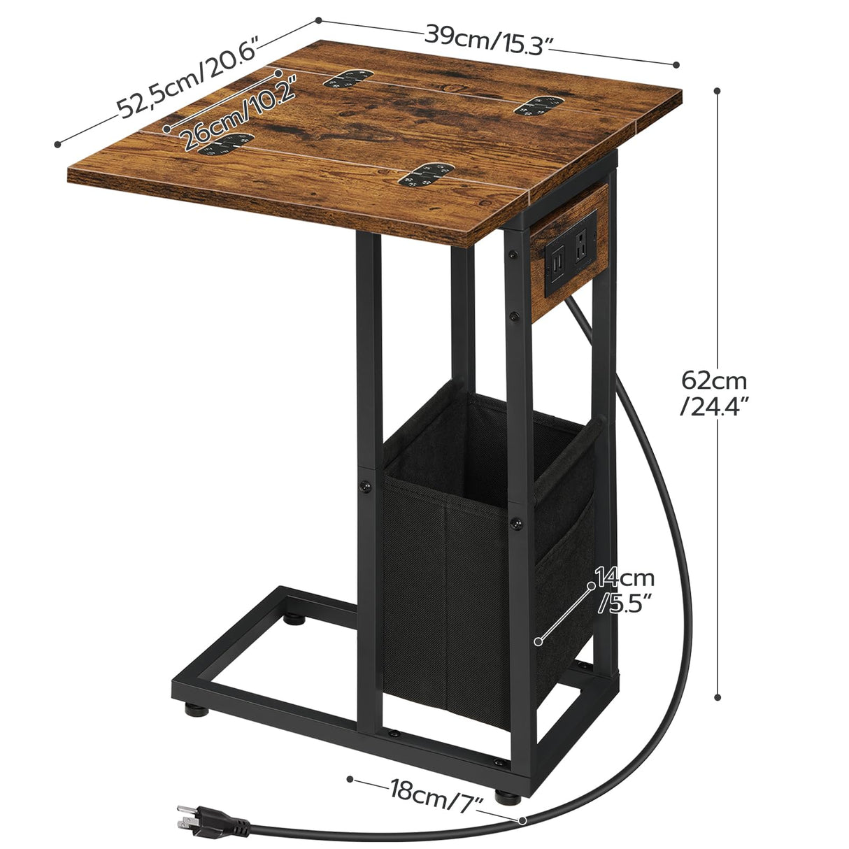 C Shaped Side Table with Charging Station, Foldable End Table with Fabric Bag