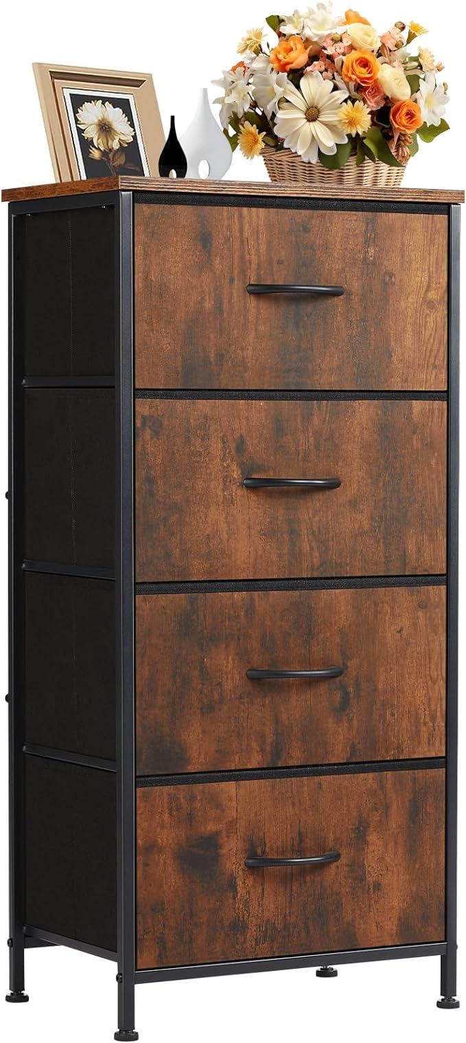 Dresser for Bedroom, Storage Drawers, Skinny Fabric Storage Tower with 4 Drawers,