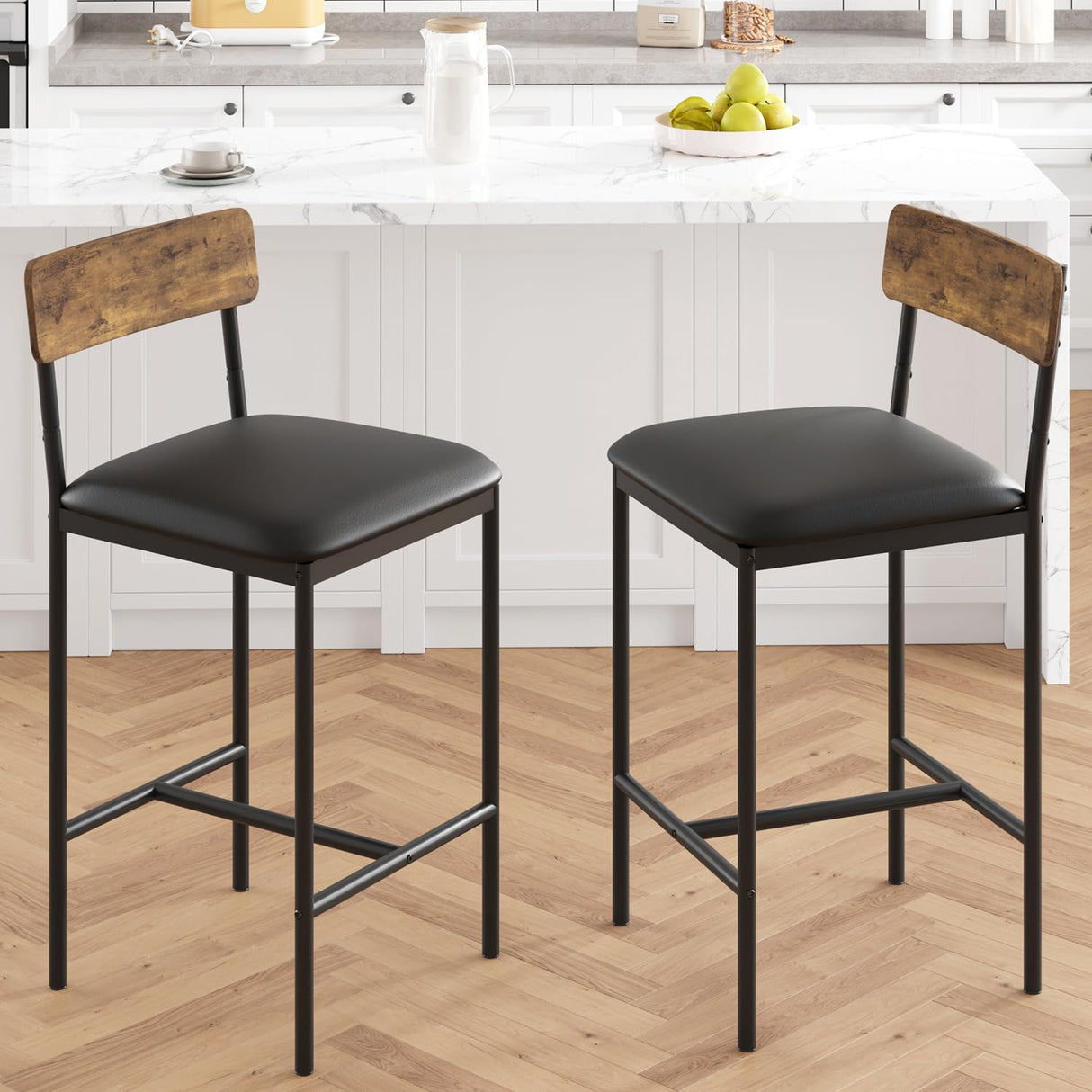 Bar Stools Set of 2, Upholstered Bar Chairs with Back, 25.5 Inches Kitchen Bar Stools