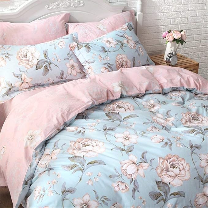 Shabby Pink Blue Floral Bedding Sets Cotton Duvet Cover Set 4-Piece Queen Size