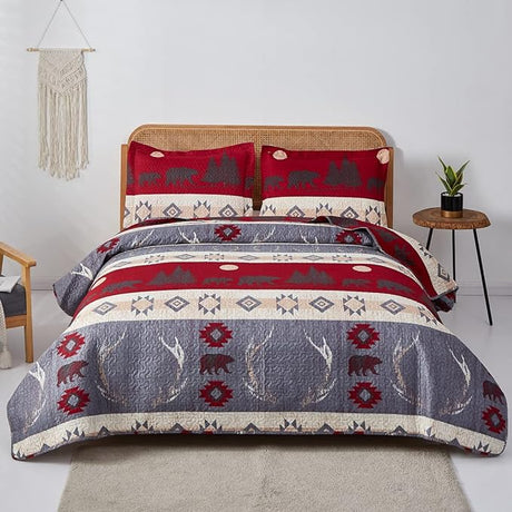 Home Rustic Bedding Lodge Moose Bear Quilt Set Full/Queen Size,3 Pcs Lightweight