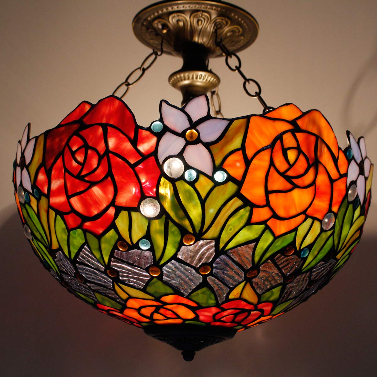 Tiffany Stained Glass Ceiling Light - Red Yellow Rose Semi Flush Mount