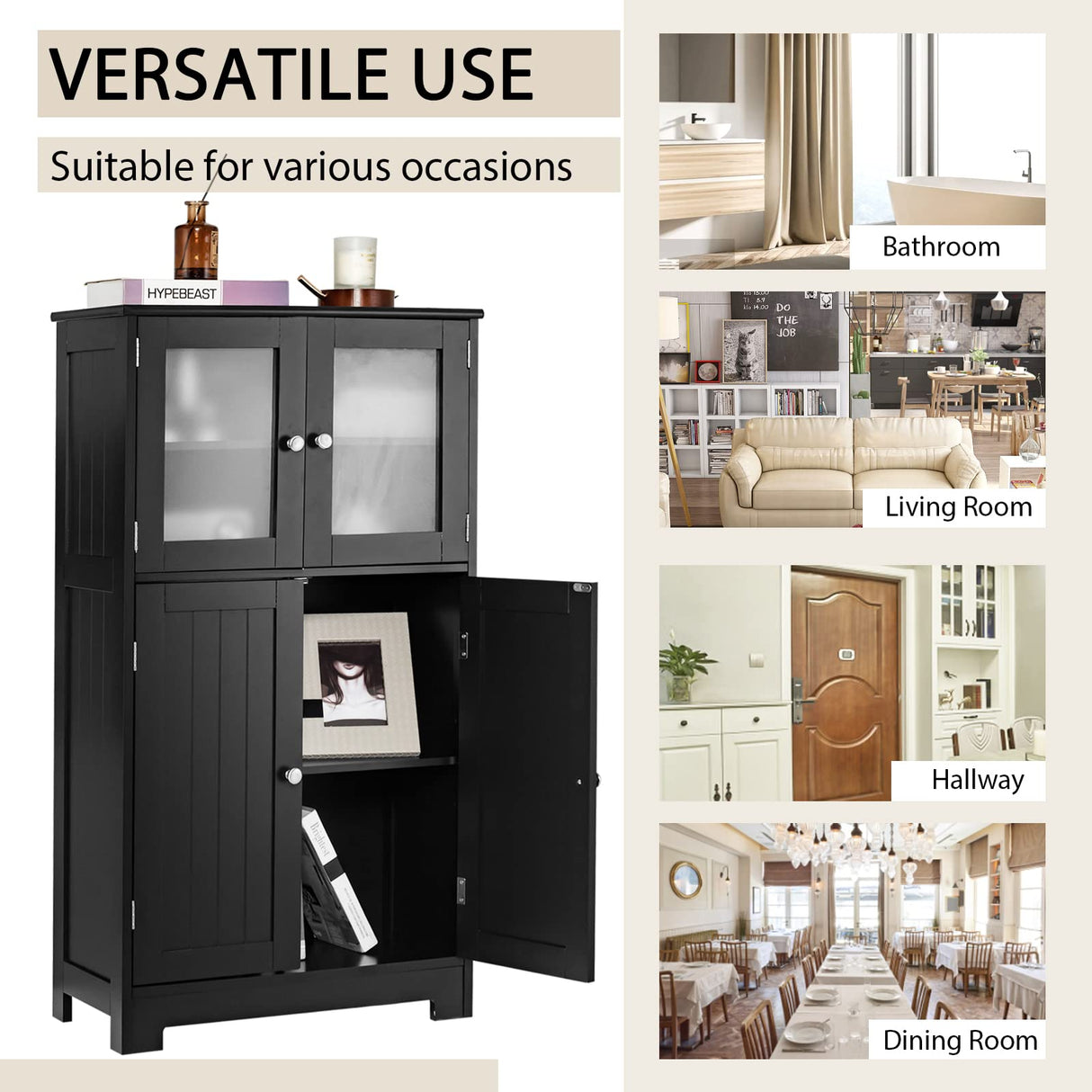 Storage Cabinet with Doors - Bathroom Floor Cabinet, Freestanding Tall Cabinet w/ 2