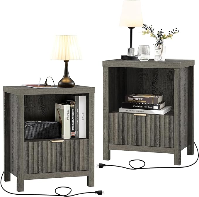 Night Stand Set of 2, Fluted Nightstand with Charging Station Bed Side Table End Table