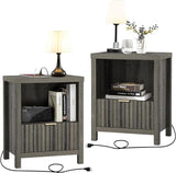 Night Stand Set of 2, Fluted Nightstand with Charging Station Bed Side Table End Table