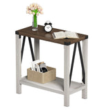 Farmhouse End Table for Small Spaces, Narrow side End table with Storage Shelf