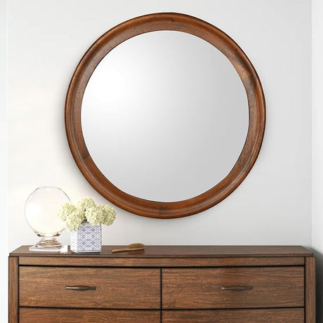 Round Wood Mirror for Wall,36 Inch Circle Decorative Mirror with Walnut Frame,Rustic