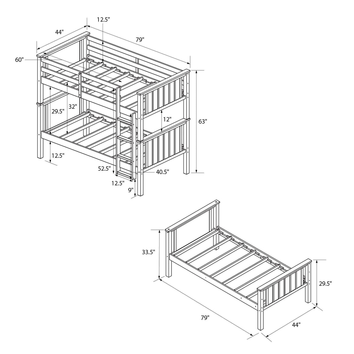 Bailen Convertible Solid Wood Bunk Bed, Stackable and Detachable Bed Frames