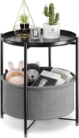 Round Side Table with Fabric Storage Basket