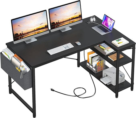 47" Computer Desk with Power Outlets,L Shaped Desk with Storage Shelves